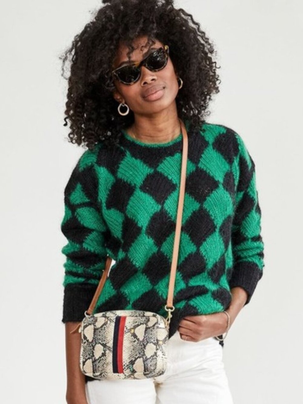 Clare V Kaleidoscope Snakeskin Midi Sac Crossbody with Red and Navy Stripe
